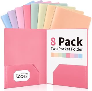 Sooez 8 Pack File Folders with Pockets, Plastic 2 Pocket Folder, Pastels | Tear-Resistant School Folders with Business Card Holder & Blank Label, Back to School Supplies Office Supplies, Letter Size