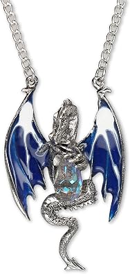 Real Metal Blue Dragon Holding Faceted Crystal Medieval Renaissance Pendant Necklace