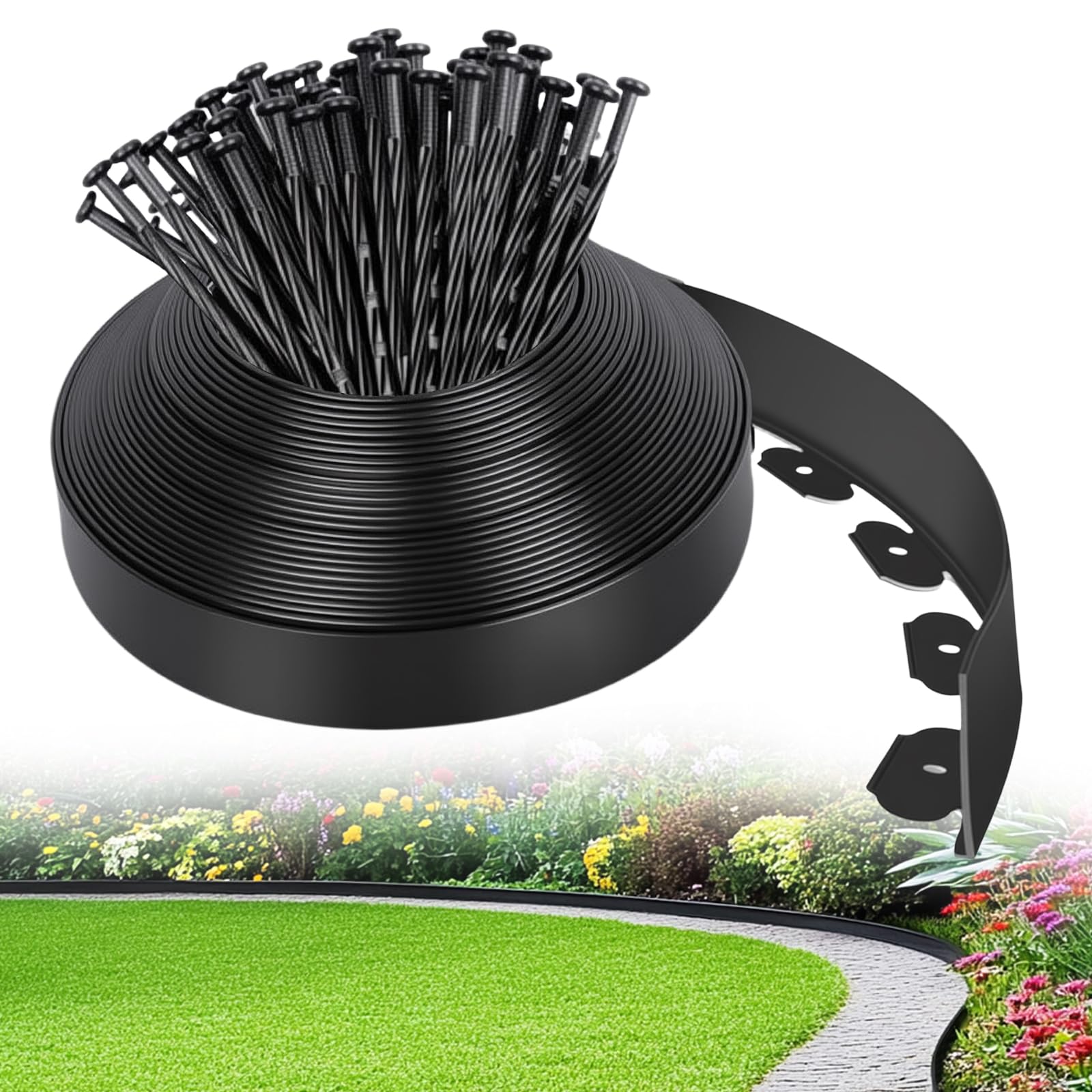 Yazoni Garden Edging Border 39.3FT, Flexible Lawn Edging Border with 36 Reinforced Pegs, 10cm Height Heavy-Duty Plastic Landscape Edging for Flower Beds, Lawn Borders, Pathways & Gravel, Driveways