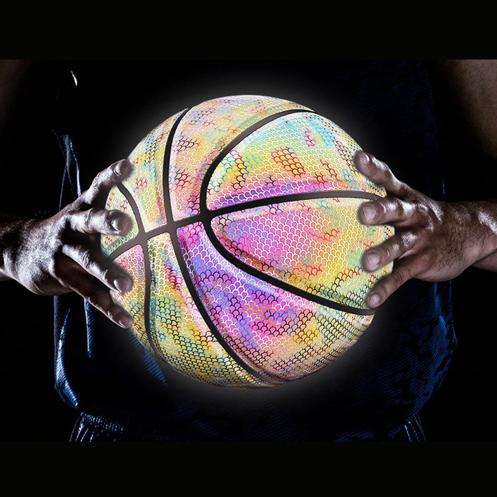 Ballon De Basket Holographique Réfléchissant Taille 7, En Cuir Composite, Phosphorescent Après Exposition Au Soleil, Pour Jeux De Nuit, Avec Sac Filet Et Aiguille