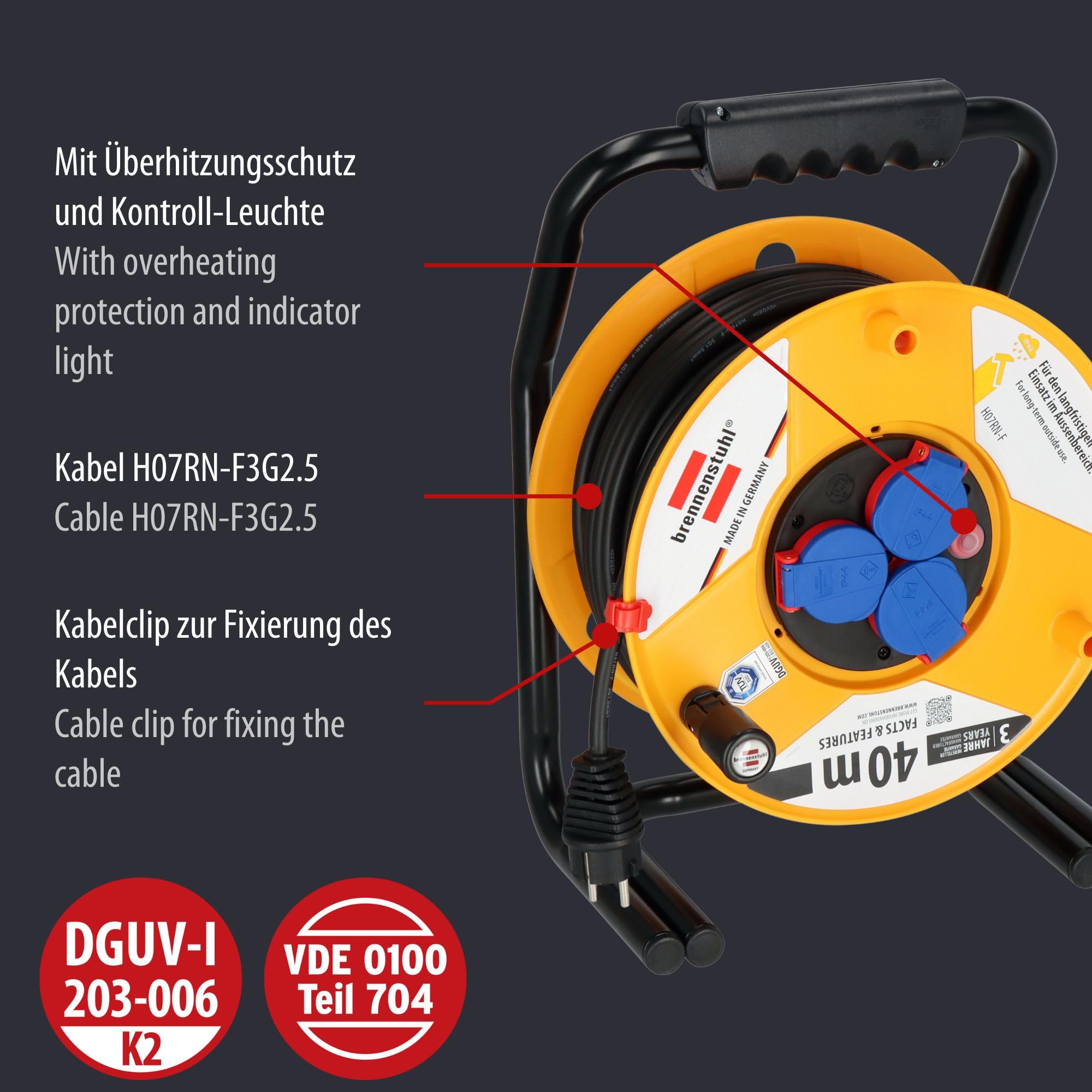 Brennenstuhl Professional Brobusta IP44 Gewerbe-/Baustellen-Kabeltrommel 40m (aus Spezialkunststoff, Baustelleneinsatz und Einsatz im Außenbereich, Made in Germany) gelb