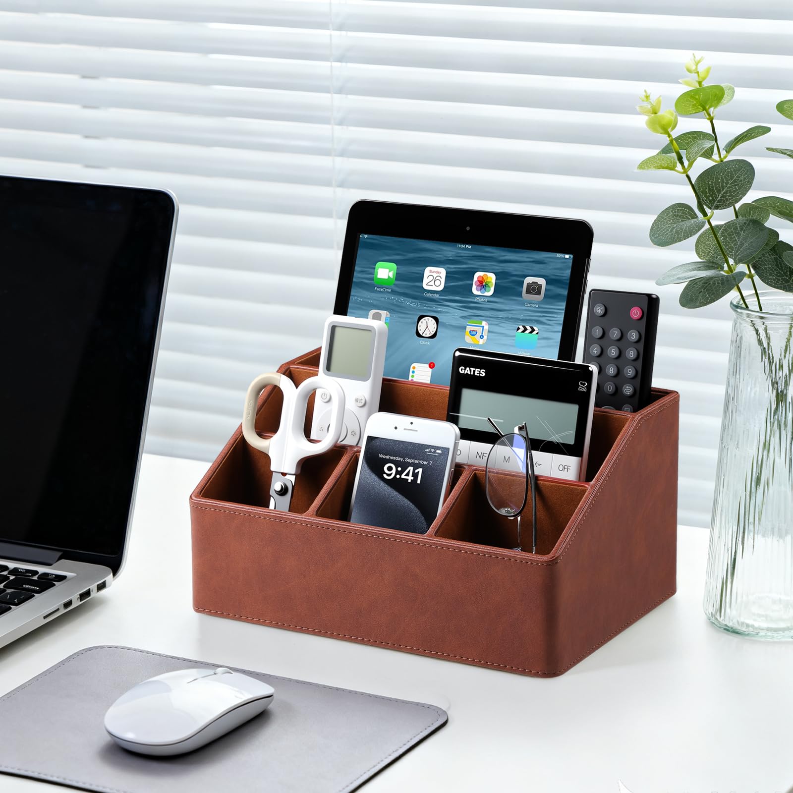 Organizer da scrivania Caddy Comodino Organizer Desk Caddy Remote Holder | Pelle PU, 5 scomparti, fodera in morbido velluto, grande capacità di archiviazione