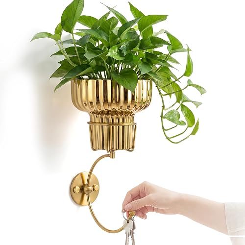 Hanging Plant Wall Vessel for Flowers with Hook, Indoor Outdoor Boho Bathroom Decor Wall Art Planter Mounted Vase (Gold)