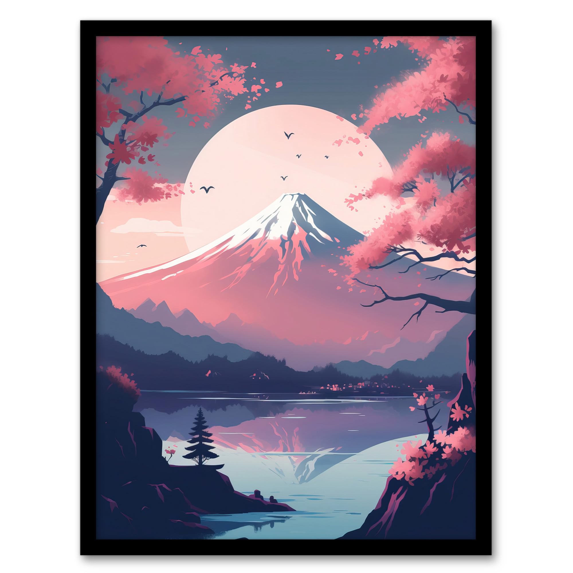Wall Art Print - Mount Fuji View - Cherry Blossom Trees - Pastel Colours - Japan Landscape Art - Framed