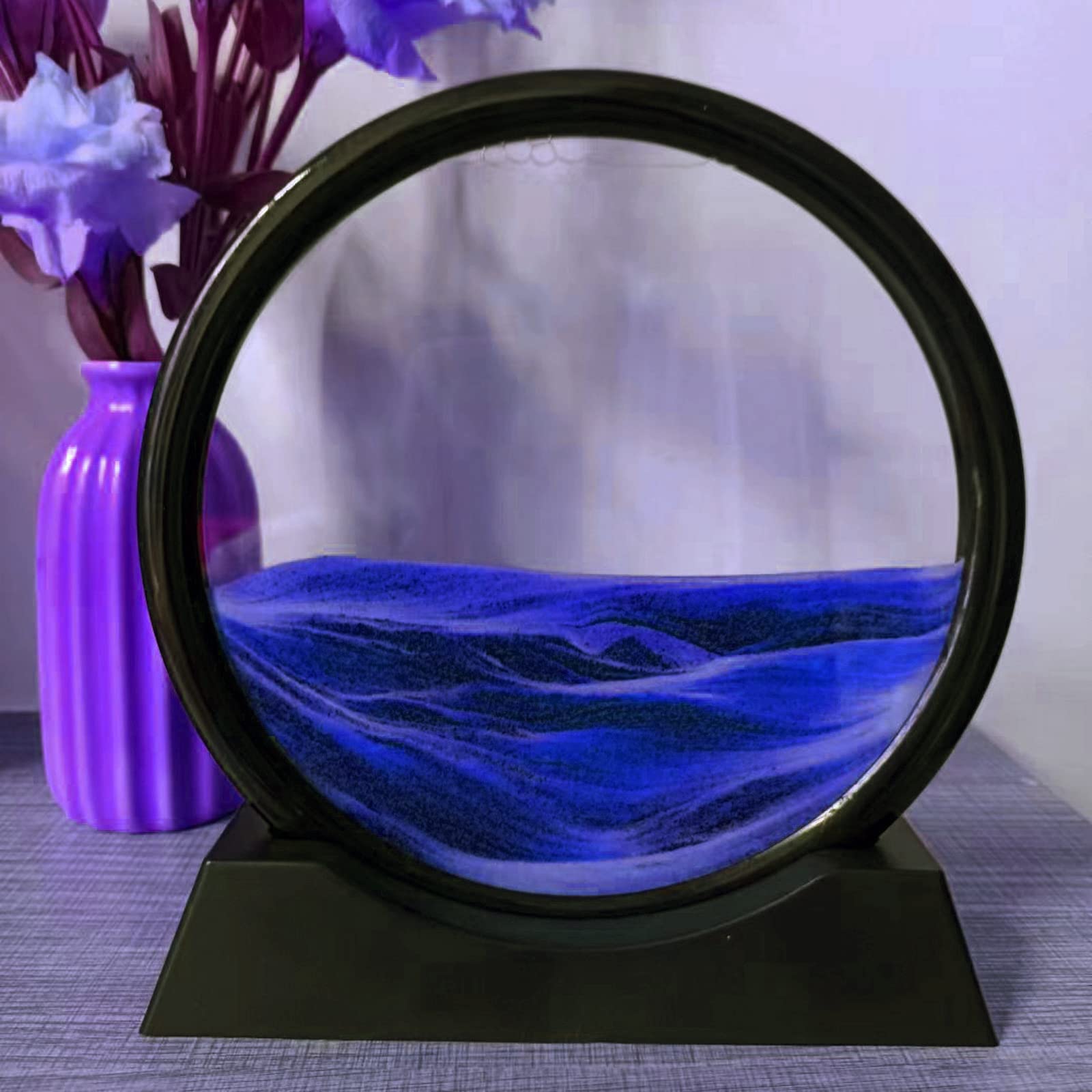 Neioaas 3D Moving Sand Art Pictures - Dynamic Sand Painting Liquid Motion,Sand Art Ornaments,3D Deep Sea Sandscape,Round Glass Frame Display Flowing Sand Art,Relaxing for Home Office Decor(7",Blue)