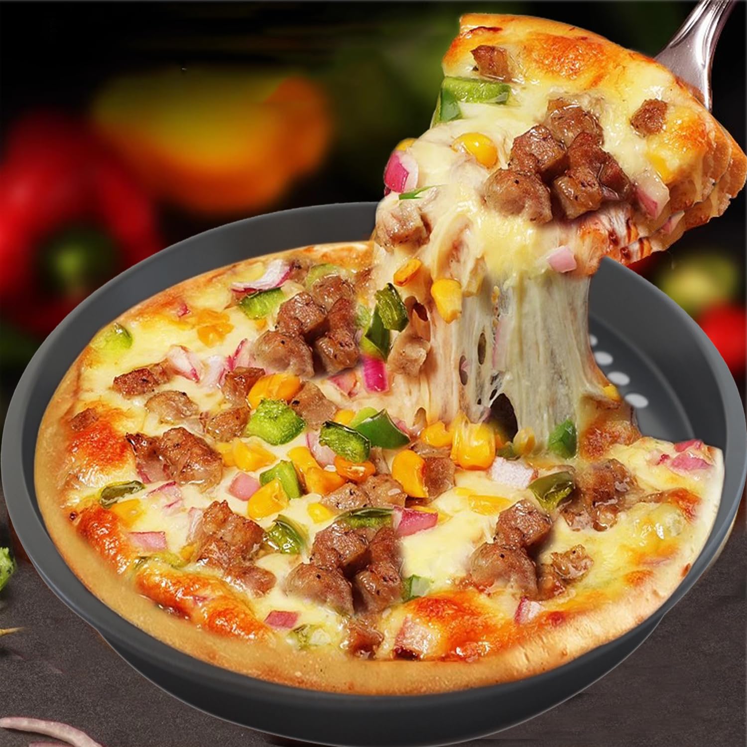 Paquete de 2 sartenes para pizza con agujeros, bandeja de pizza para horno, sartenes perforadas de acero al carbono, molde redondo antiadherente para pizza congelada y casera, cocina casera, 5
