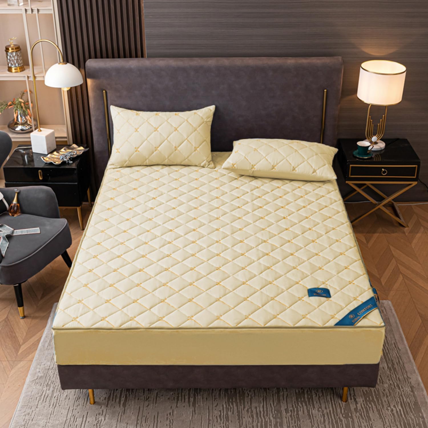 Grey/a,200x220+15cm, 100% Cotton Mattress Protector Customizable Bed Cover Double/Single/King Size Zipped Fitted Sheet 6 Side Wrap Mattress Encasement Cover Mattress Topper for Dormitory