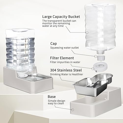 Miniatura 3 de RIZZARI Dispensador de agua para mascotas de acero inoxidable cuenco de gravedad automático a prueba de fugas de 9 litros, grande para gatos y