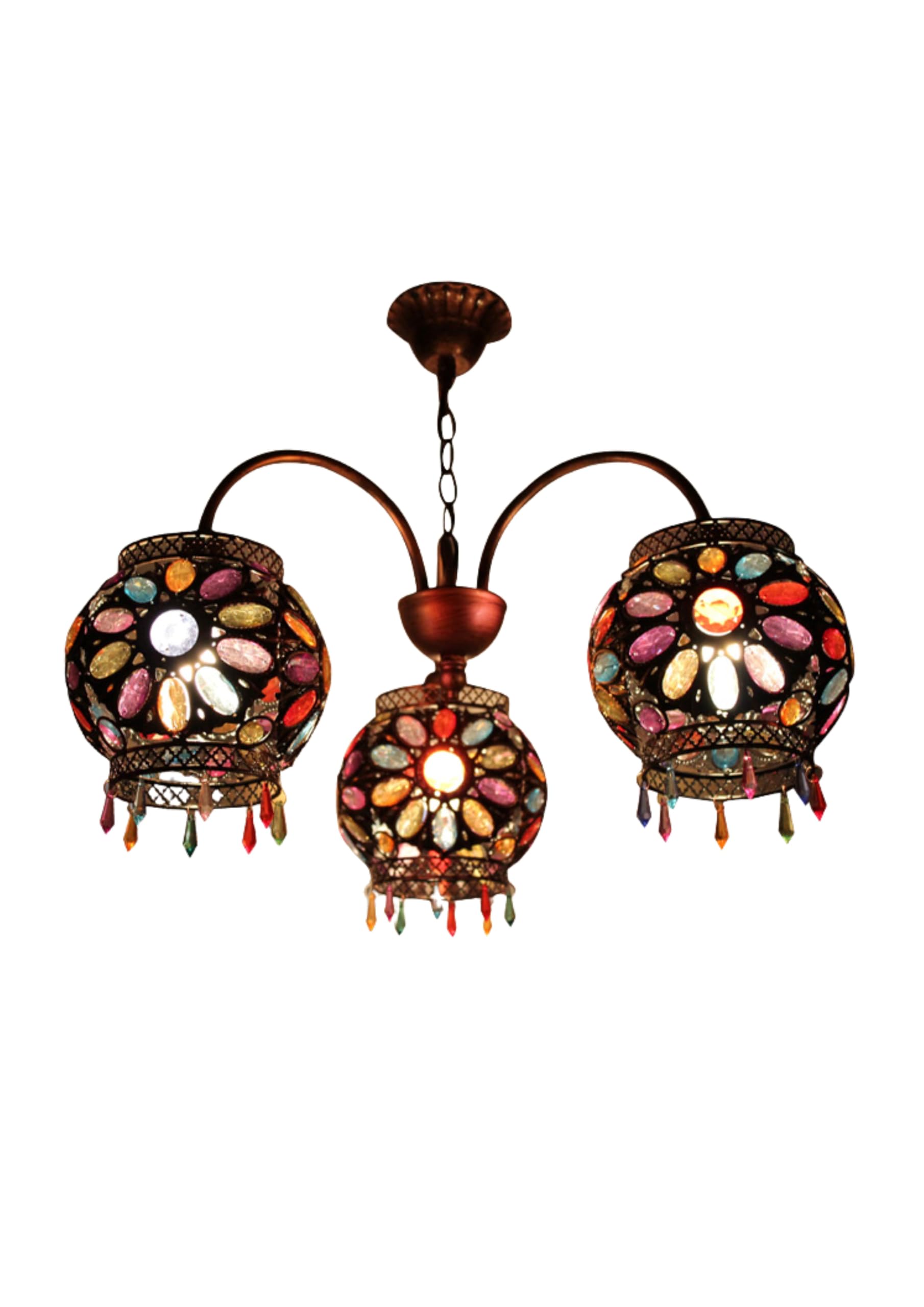 Bohemian 3-Light Chandelier with Colourful Crystal Gem Globe Shades, Moroccan Style Ceiling Pendant Light, Handcrafted Multicolour Mosaic Glass Decorative Hanging lamp Design, Model : J03-image-33
