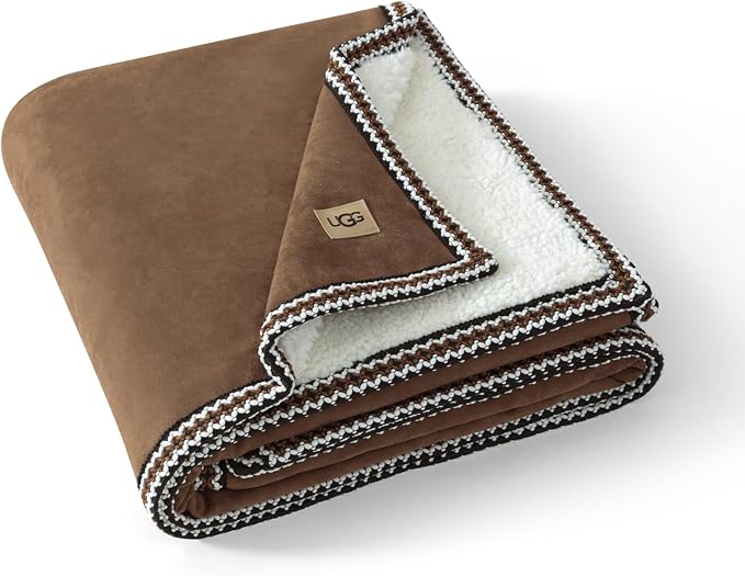 UGG Braid Reversible Throw Blanket – Ultra Soft Throw with Faux Suede and UGGFluff, Cozy Accent for Bedroom or Living Room Decor, Birthday Gifts for women, Chestnut Brown, 50" x 70" (Kirkwood)