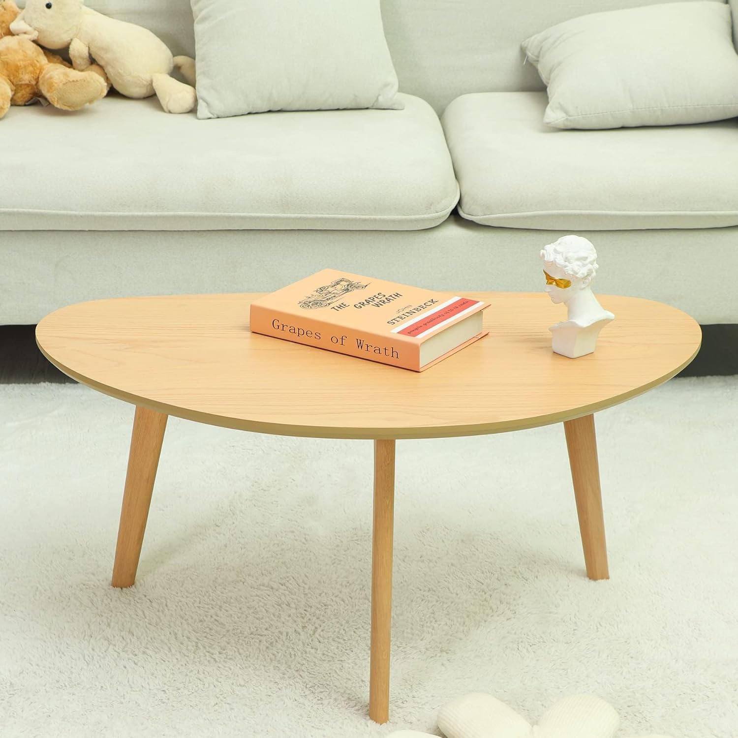 PHOENANCEE Mesa de Centro Ovalada Baja, mesas de Centro Modernas de Mediados de Siglo, Mesa Central para Sala de Estar, Patas de Mesa de Roble Macizo, 85CM(Madera Natural)