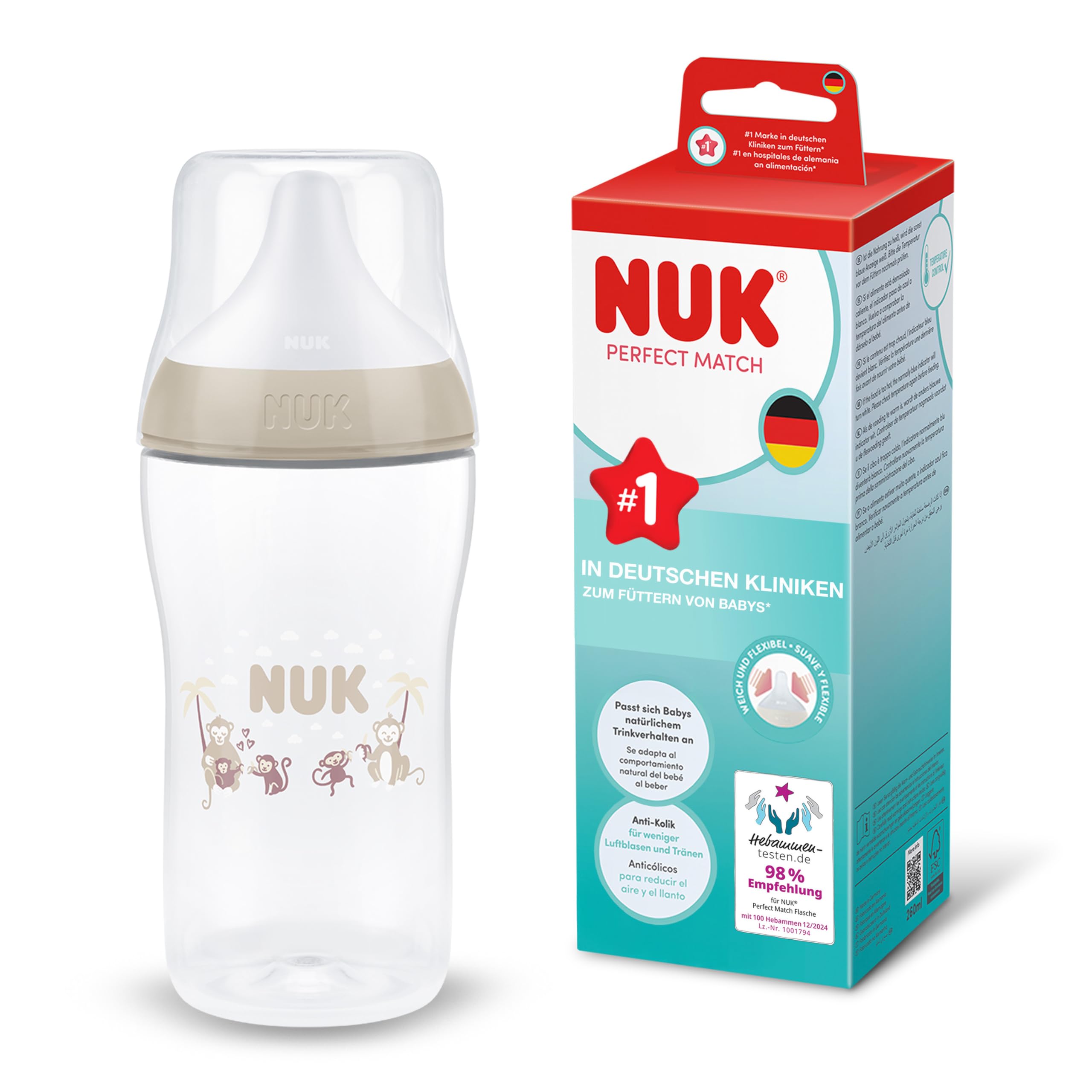 NUK Perfect Match Babyflasche | 3+ Monate | 260 ml | Anti-Kolik-Babyflasche | PP | Temperature Control Anzeige | Affe | 1 Stück