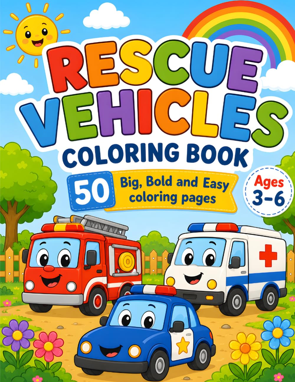 Rescue Vehicles Coloring Book for Kids Ages 3–6: 50 Big, Bold & Easy Coloring Pages of Fire Trucks, Police Cars, Ambulances, Rescue Helicopters & More