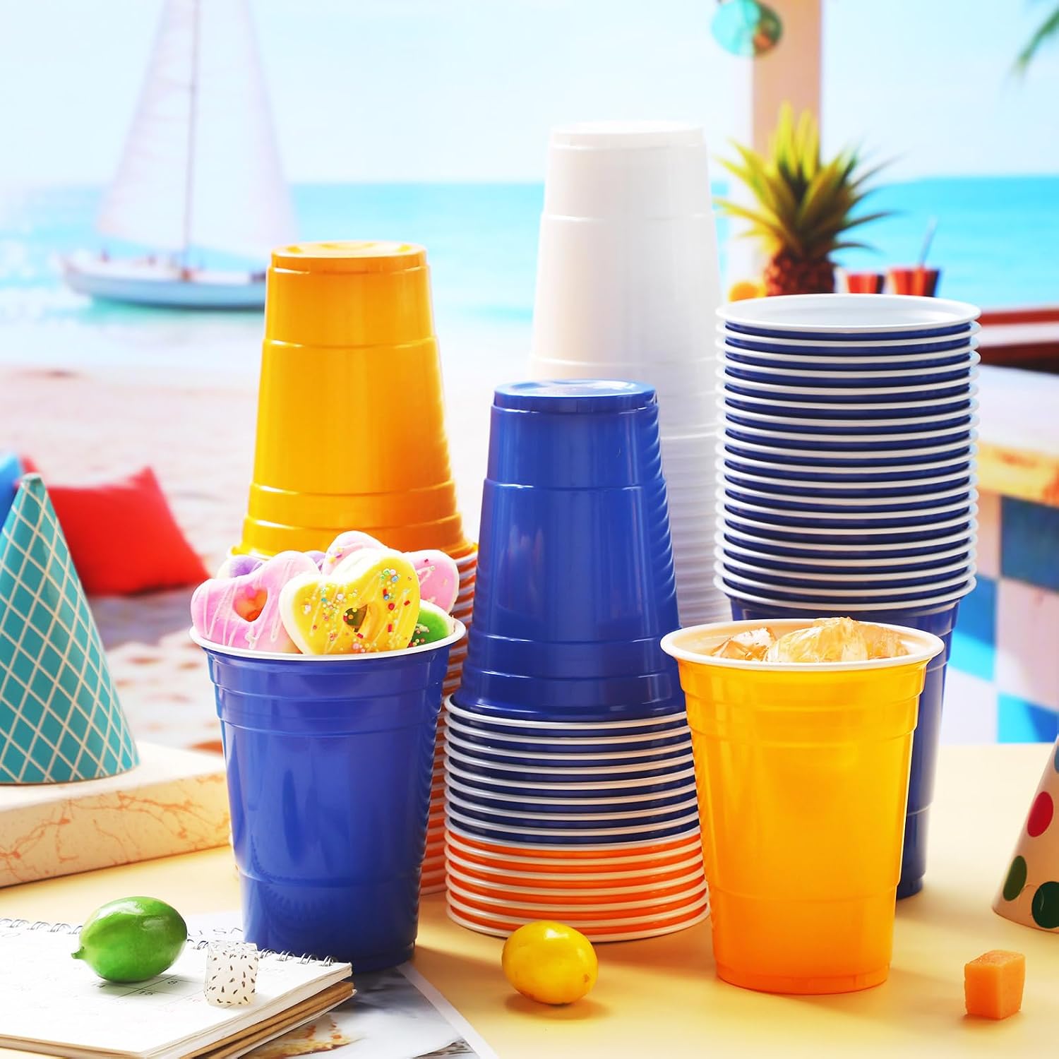 Jingmore 90 Pcs Disposable Plastic Cups Neon Party Supplies 16oz Disposable Plastic Cups Fiesta Matrimony Bachelorette Decorations Birthday Wedding Carnival(Blue, Yellow, White)