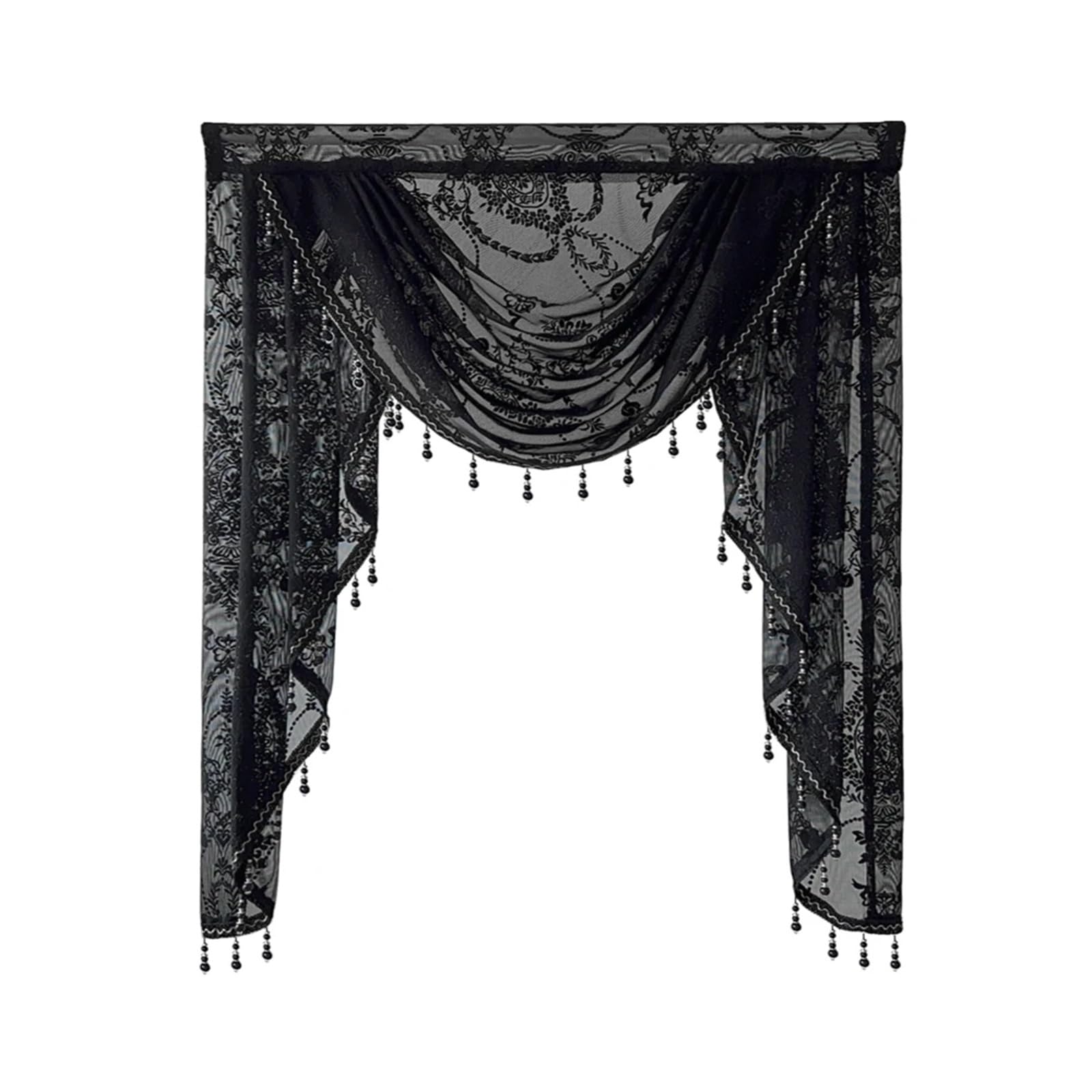MFESFCS Swags For Windows Black Lace Sheer Flower Valance Curtain Beaded Wavy Waterfall Scallop For Living Room Rod Pocket Top Window Drape(1PC W100cm-1swag)