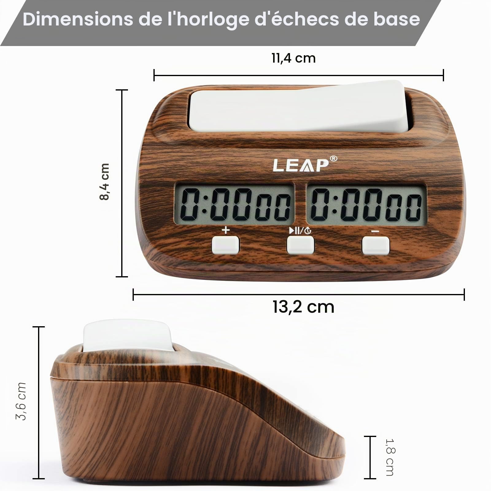 LEAP Horloge d'échecs avec fonctions de compte à rebours, d'alarme bonus et de délai pour les échecs et les jeux de société à 2 joueurs - Aspect classique en bois grainé