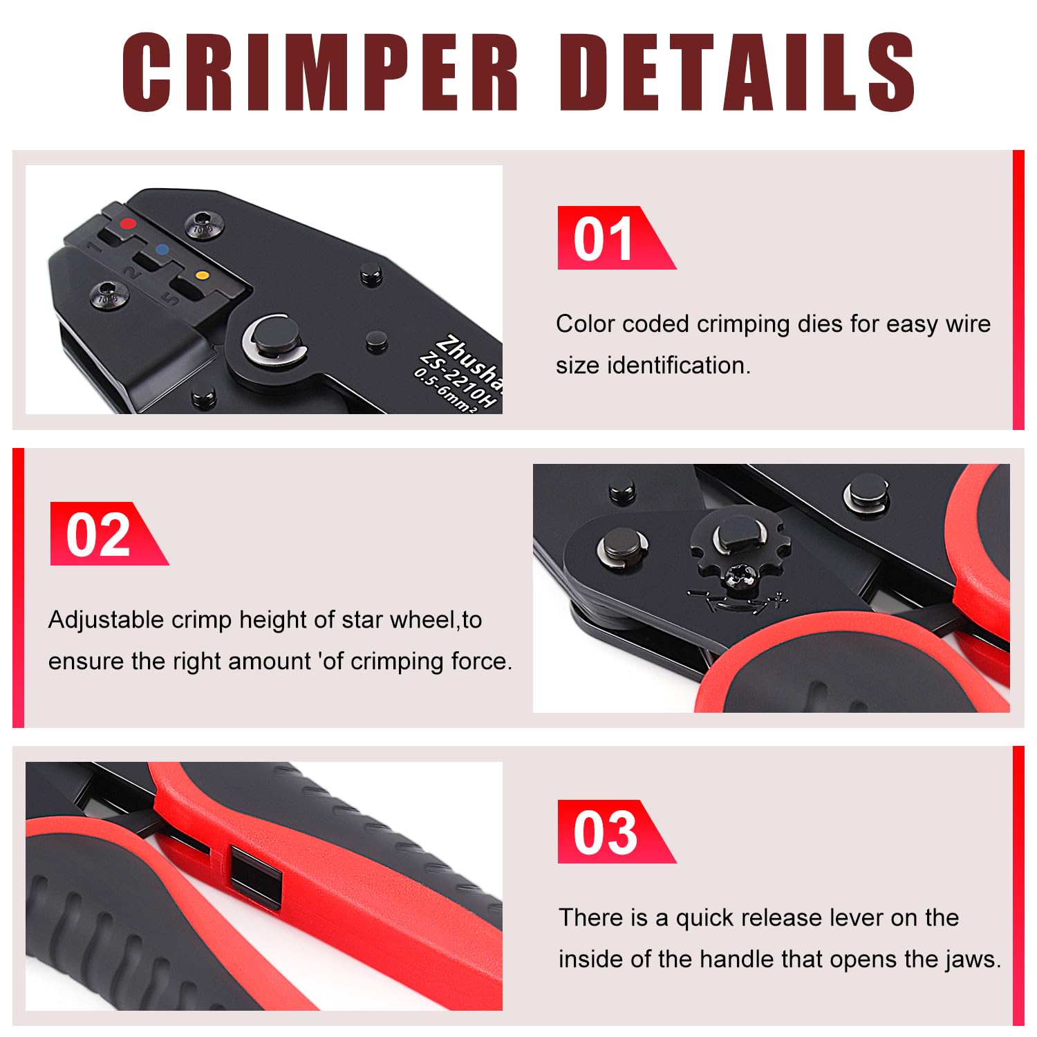 Zhushan Crimpadora de alambre para conectores termorretráctiles, conectores de terminal de alambre de trinquete, herramienta de crimpado termorretráctil para conectores de nailon aislado y cables
