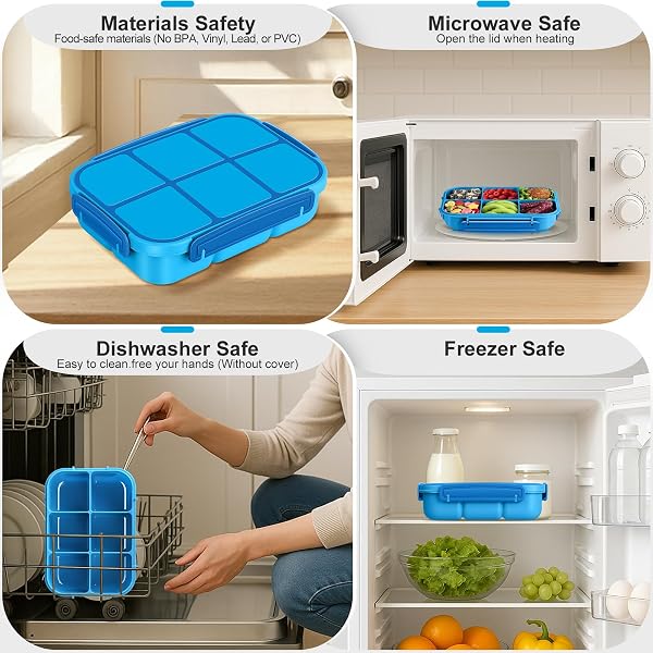 Amathley Brotdose Kinder mit FäChern,Bento Box Kinder,Brotdose Erwachsene,1200ml Lunchbox snackbox mit 6 FäChern,Saucenbehälter,10 Cartoon Bento Obstgabeln und 4 Muffinförmchen (Blau) - 5