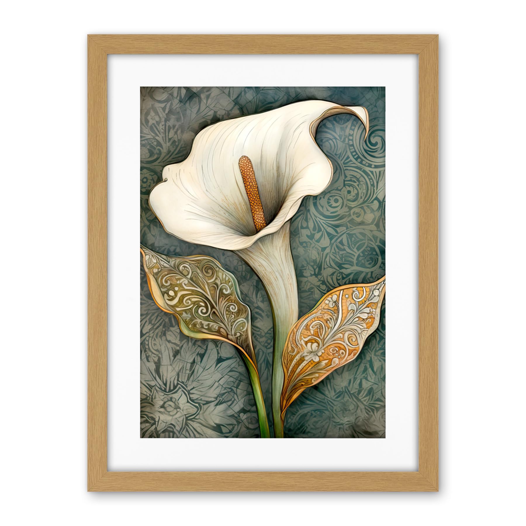 Artery8 William Morris Style Art Nouveau Calla Lily Flower Artwork Framed Wall Art Print 18X24 Inch