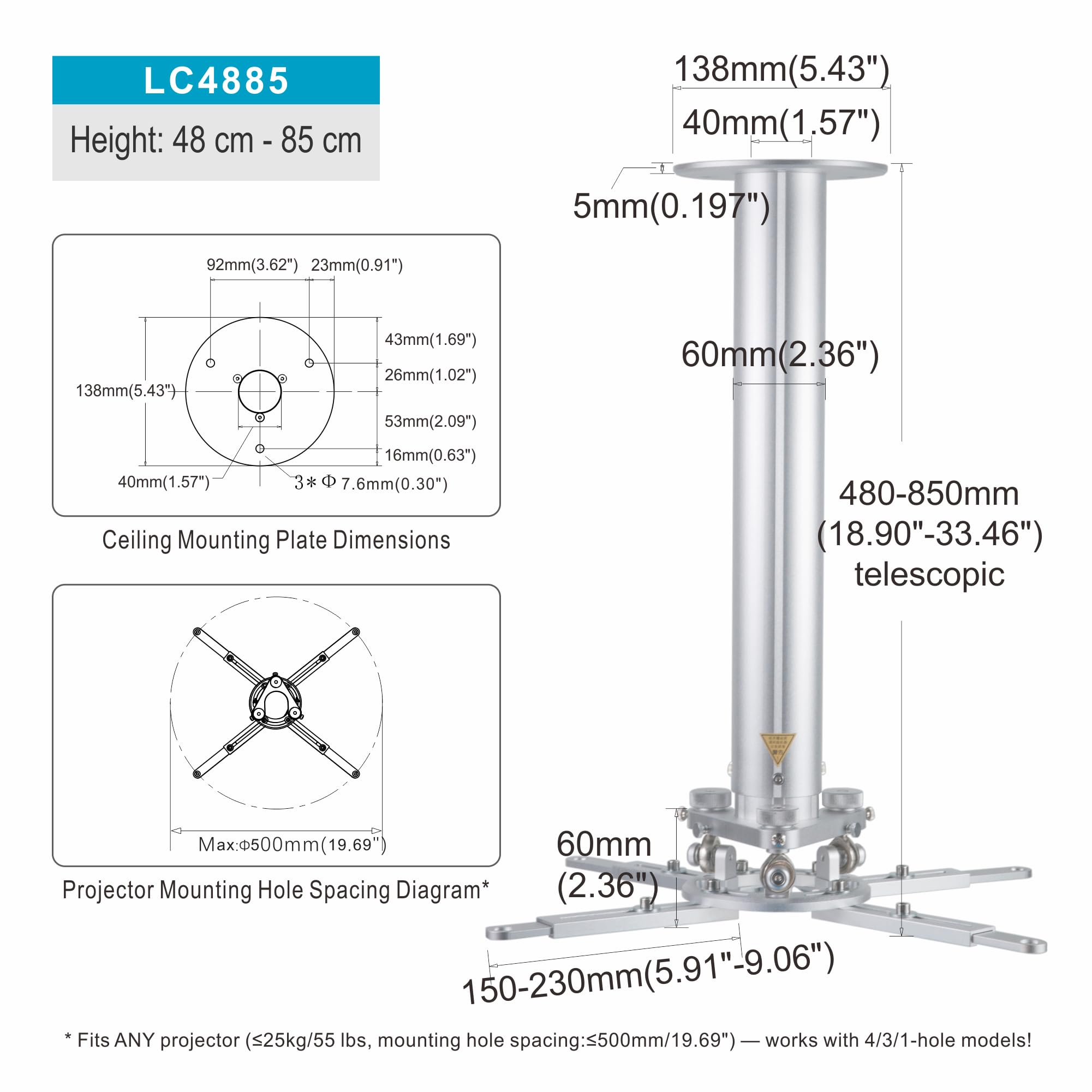 Supporto telescopico da soffitto per proiettore, regolabile in altezza da 48 a 85 cm, in lega di alluminio resistente, rotazione a 360° e inclinazione ±10°, universale per VESA a 1-4 fori