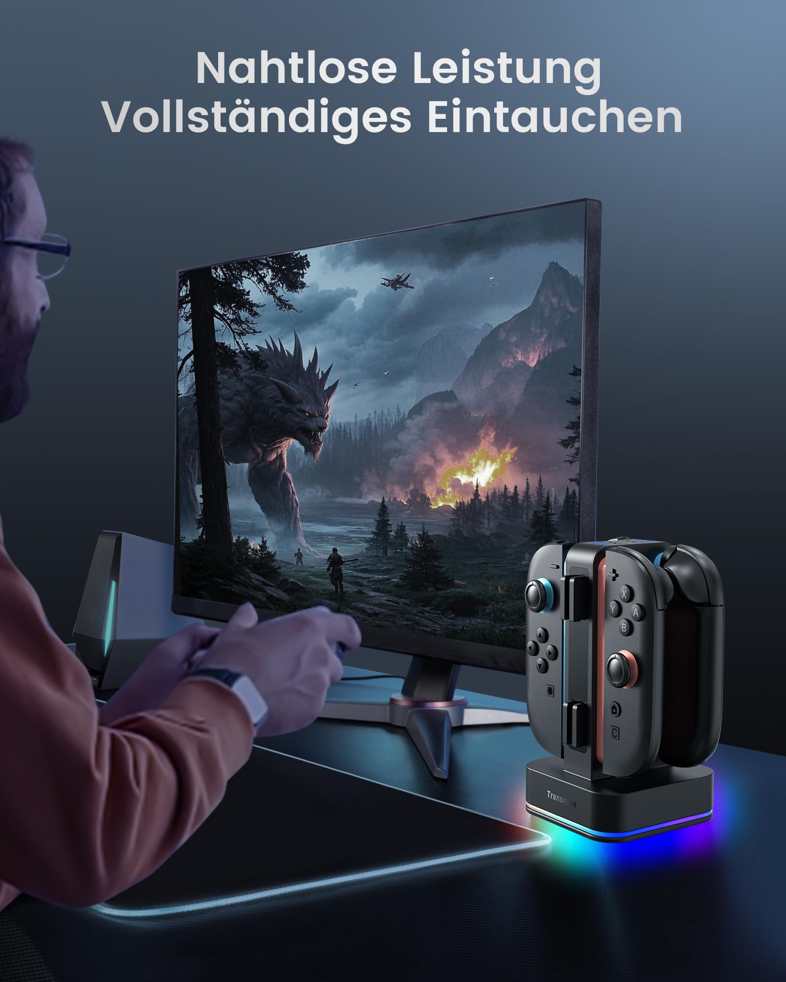 TRANSNOVO Ladestation für Nintendo Switch 2, 4-Fach Controller Ladestation mit LED-Anzeige, 9 RGB-Beleuchtungsmodi, 8 Spielkarten-SpeicherpläTZE & Gleichzeitiges Laden von 1–4 Joy-Cons