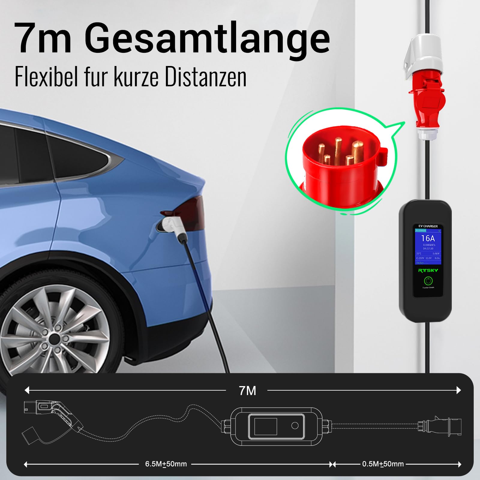 Mobile Wallbox/Ladestation 11kW [3-phasig｜7m Ladekabel] mit Einstellbarer Ladeleistung, Ladekabel CEE 16A und EV Ladegerät für Model Y/3, ID.3/4/5, MG4, EX30, e-tron, Zoe und andere EV