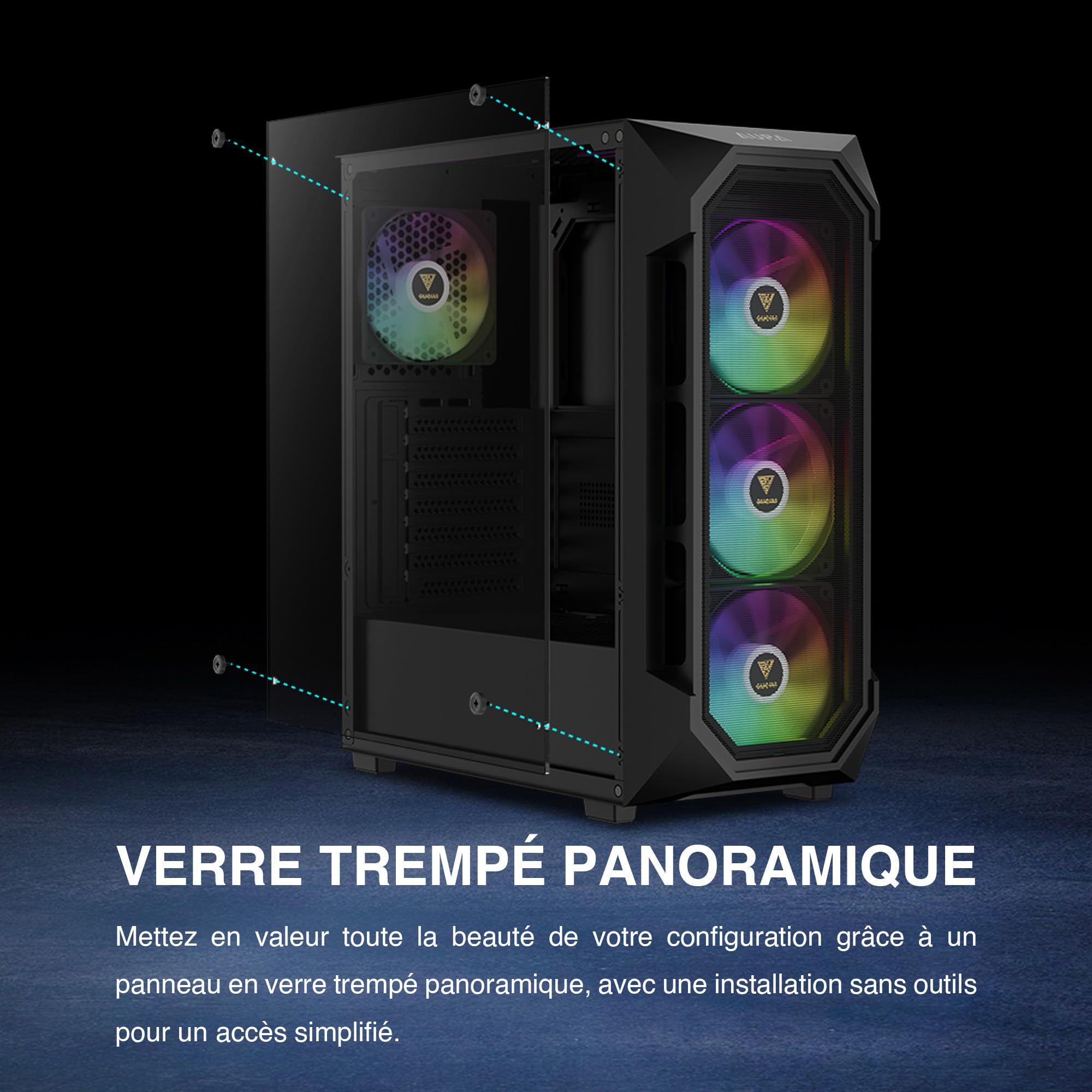 GAMDIAS Aura GC1 Elite ARGB ATX Boîtier PC Mid Tower Ventilateur 4 x 120 ARGB Panneau Avant en Maille Haute Circulation d'air Panneau latéral en Verre trempé Installation sans Outils Noir