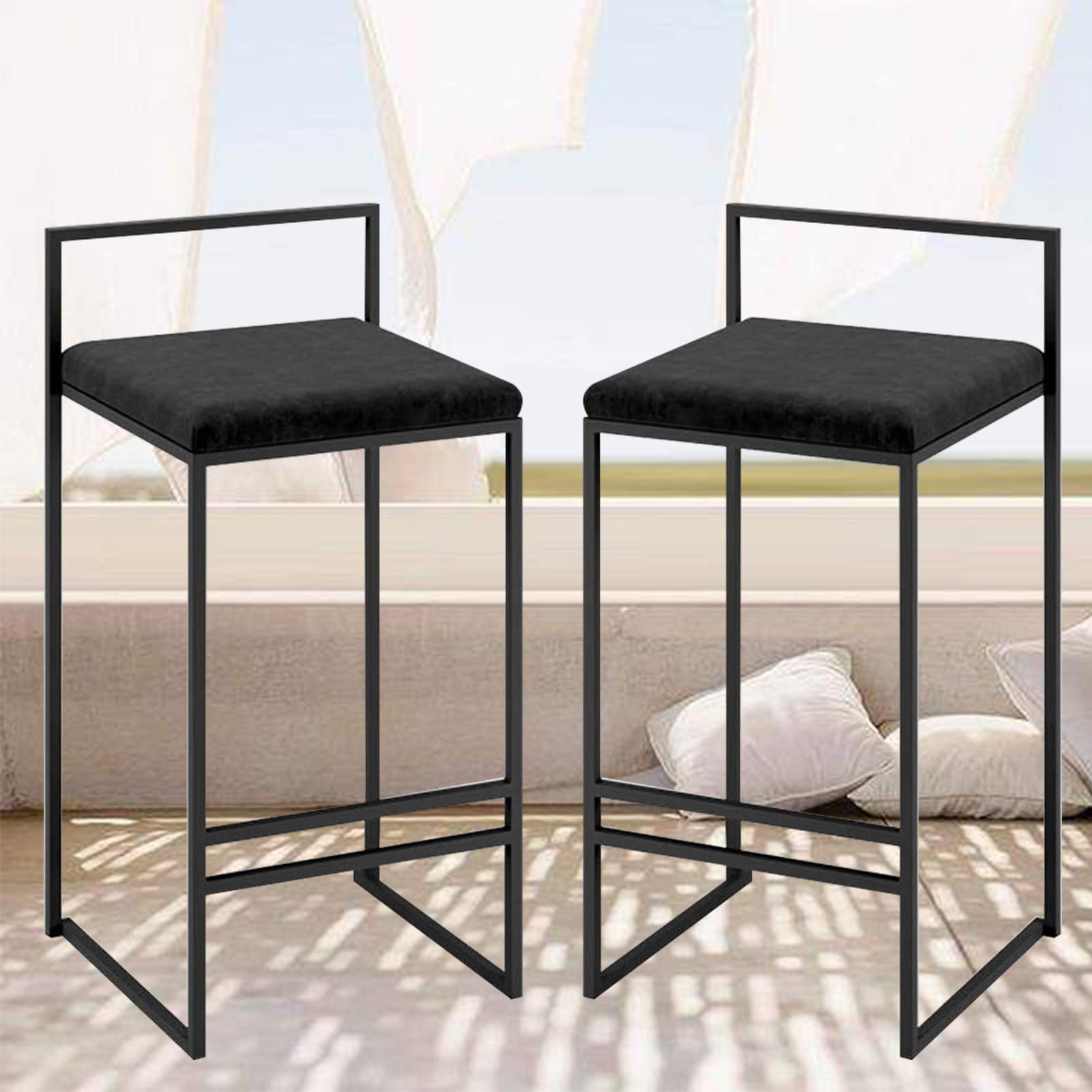 Tabouret de bar de cuisine velours noir 66 cm aux finitions soignées raffinées