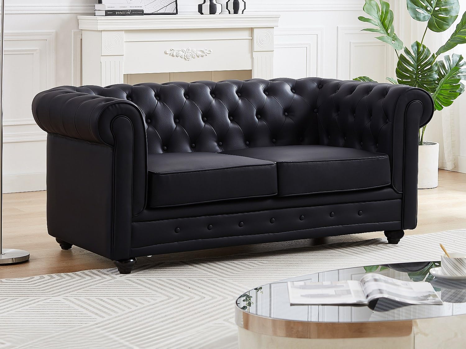 Vente-unique - Canapé 2 Places en Simili Noir Chesterfield