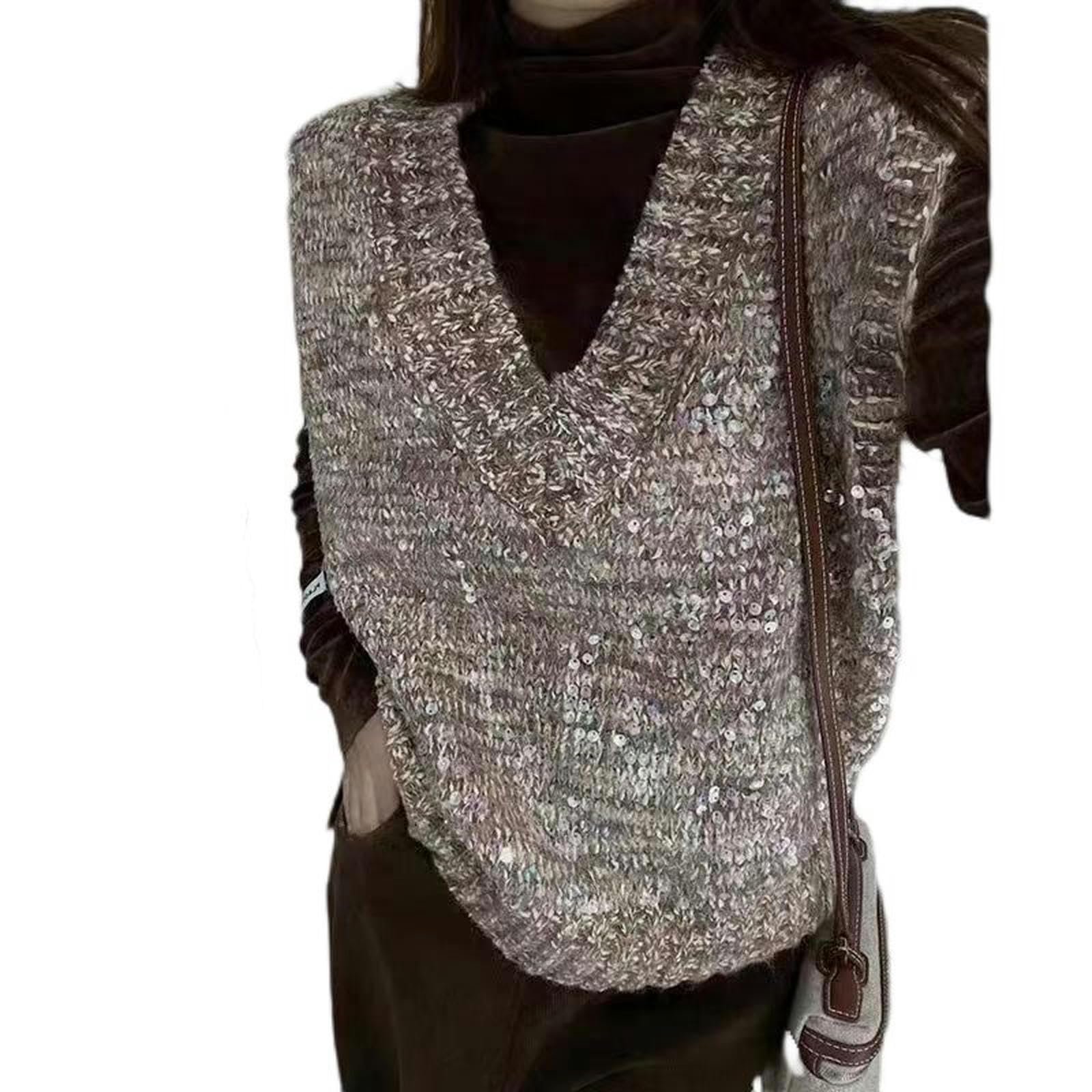 Chaleco de Punto con Cuello en V para Mujer, diseño de Lentejuelas Pesadas, Color Rosa raíz de Loto, Talla única