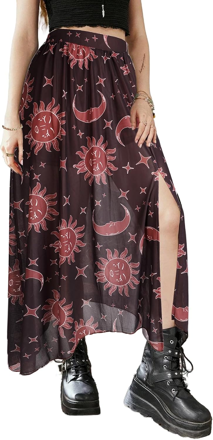 Avanova Women Sun Print Mesh Side Slits Split Midi Skirt Asymmetrical High Waisted Long Skirt