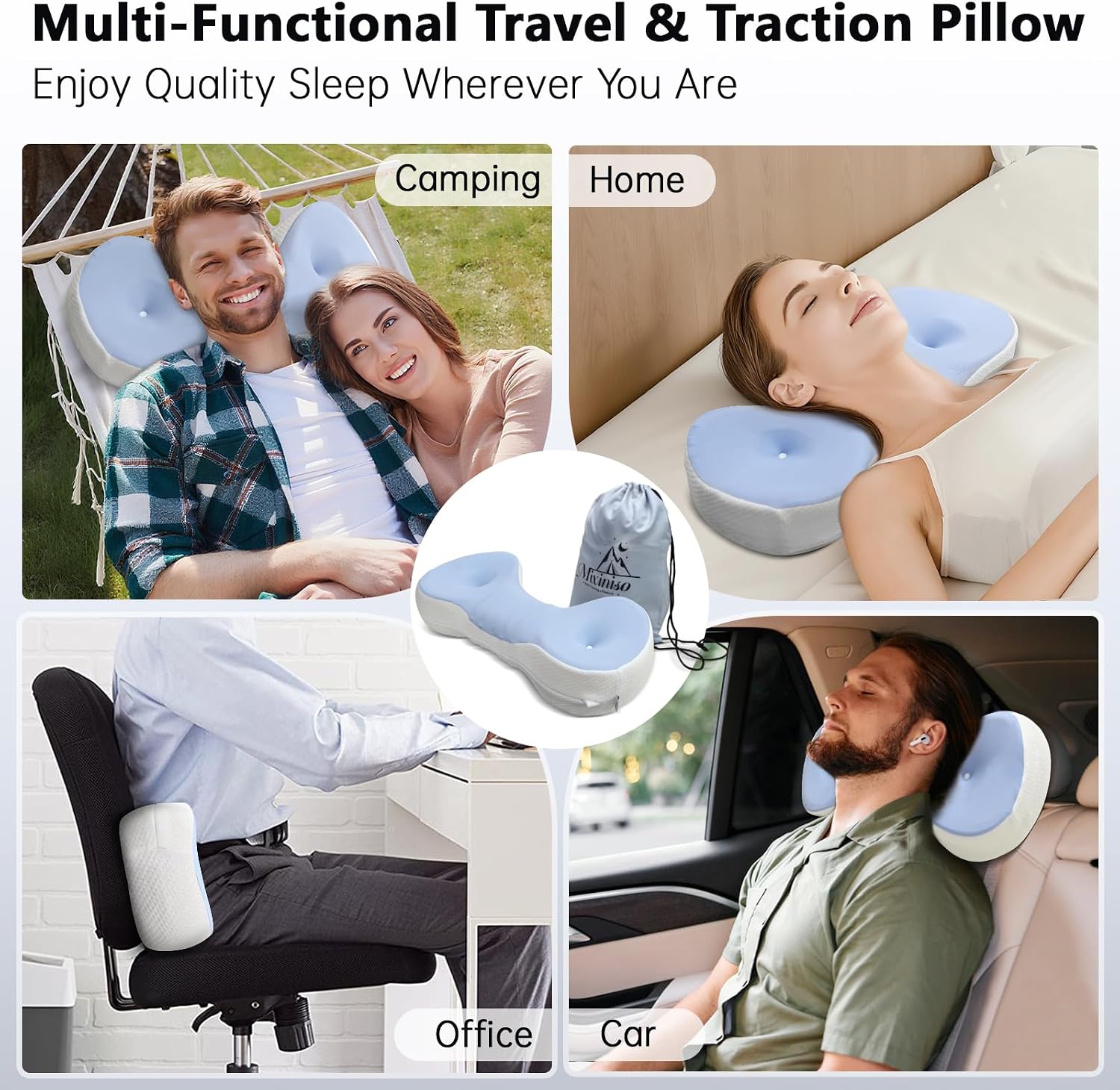Cervical Neck Roll Pillow, Say Goodbye to Neck Pain, Travel Neck Support Pillow for Side Sleepers, Ergonomic Memory Foam Camping Pillow, Cervical Traction Device with Storage Bag