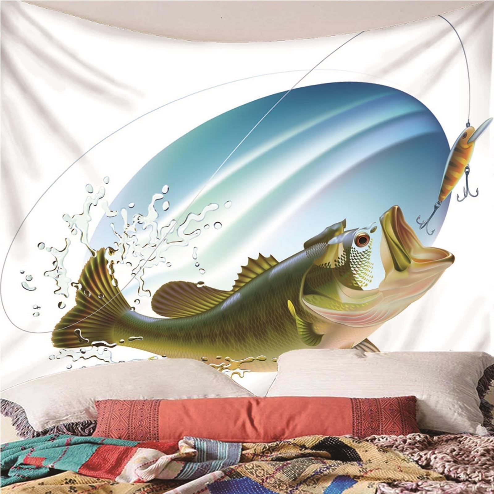 Lieson Arazzo Decorativo, Arazzi da Parete Indiano 260x240CM Pesca Tappeto Muro Camera da Appendere Alla Parete Per Decorazione Della Casa, Bianco Verde