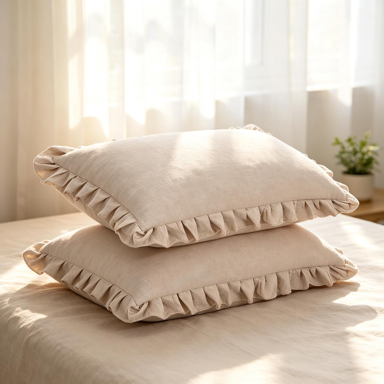 Fresh Grey Ruffle Pillowcases King Size Set of 2 Invisible Zipper | Machine Washable pillow case washed cotton, ultra soft breathable wrinkle free, 60x88cm, 24x35 Inches naturally textured