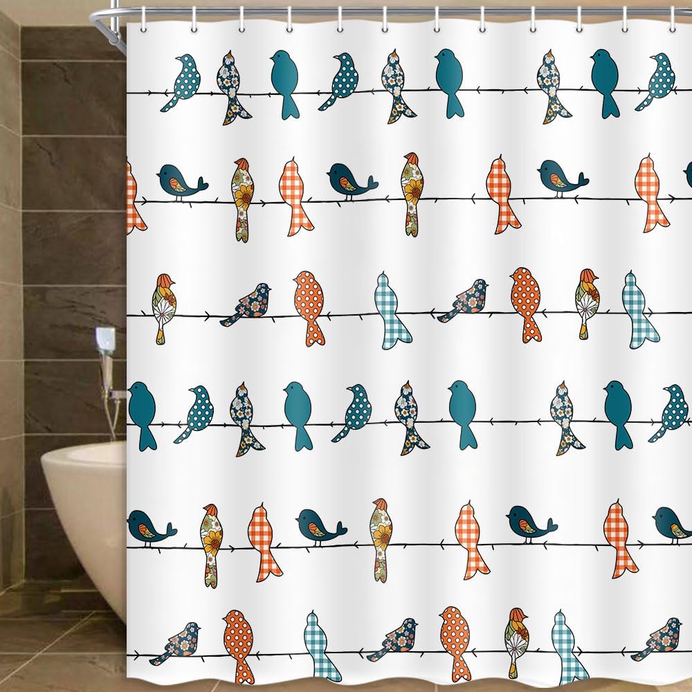 Cute Bird Shower Curtain, Fun Shower Curtain for Bathroom, Colorful Birds Rustic Waterproof Fabric Bathroom Curtain Set with Hooks 72 x 72 Inches