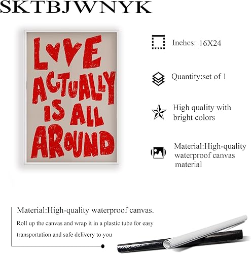 Miniatura 2 de SKTBJWNYK Arte de pared de amor retro de los años 70, Love Actually Is All Around Póster retro para el Día de San Valentín, decoración de pared roja