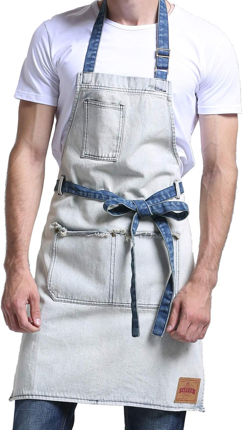 Denim Chef Apron for Women with Pockets, Jean Waitress Server Kitchen Apron for Men Cooking Gardening Painting