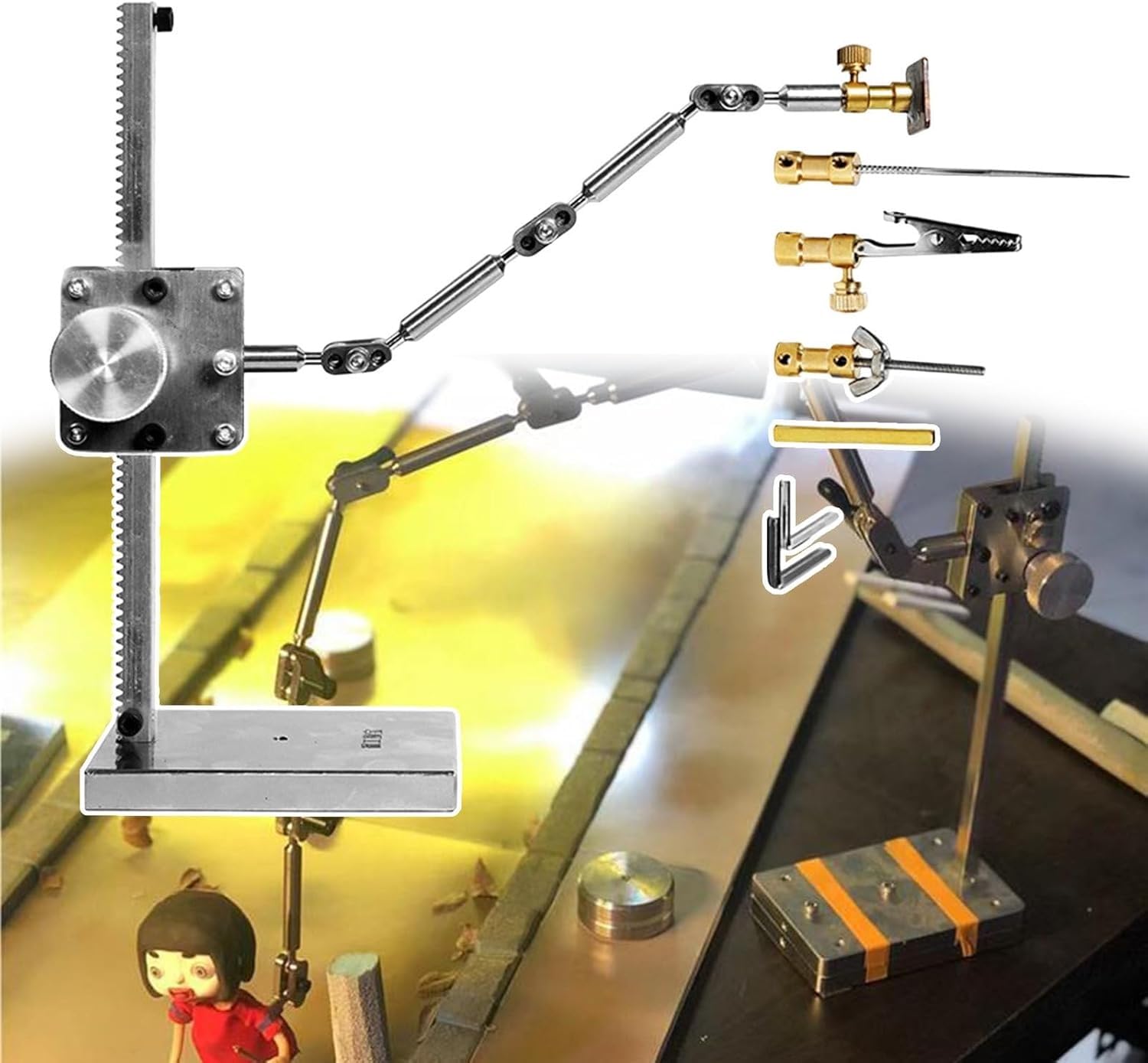 WLYPE Stop Motion Rig Arm,Stainless Steel Stop Motion Animation Kit with 5 Connectors, 25cm Arm Length, and 16 or 26cm Lifting Bracket for Studio Rigging System, for Action Figures & Models(H:26cm)