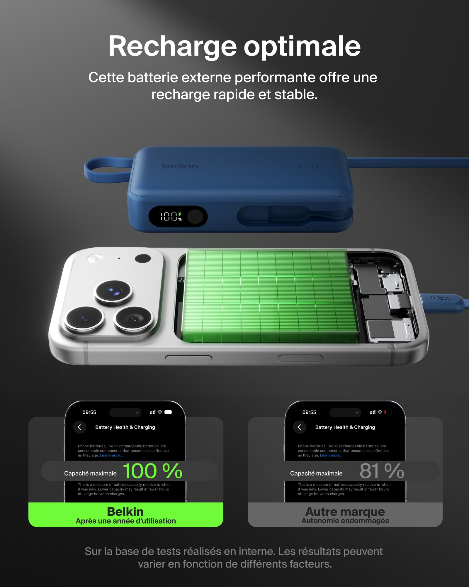 Belkin UltraCharge Batterie Externe 10K avec Câble USB-C Et Écran - Bleu