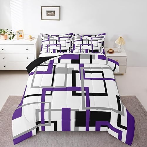 Erosebridal Juego de ropa de cama cuadrada para niños y niñas, color morado, gris, negro, juego de edredón geométrico, edredón de plumón con patrón