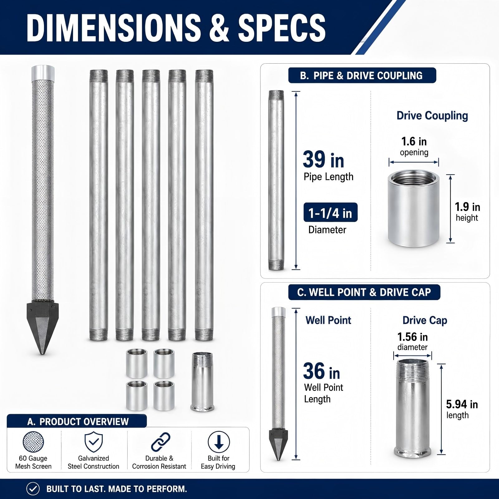 Kit de Perforación de Pozos de Agua 1-1/4", Punta Filtrante Inoxidable | Punta de 91 cm con filtro de malla 60, tubos y manguitos galvanizados para arena y terrenos blandos.