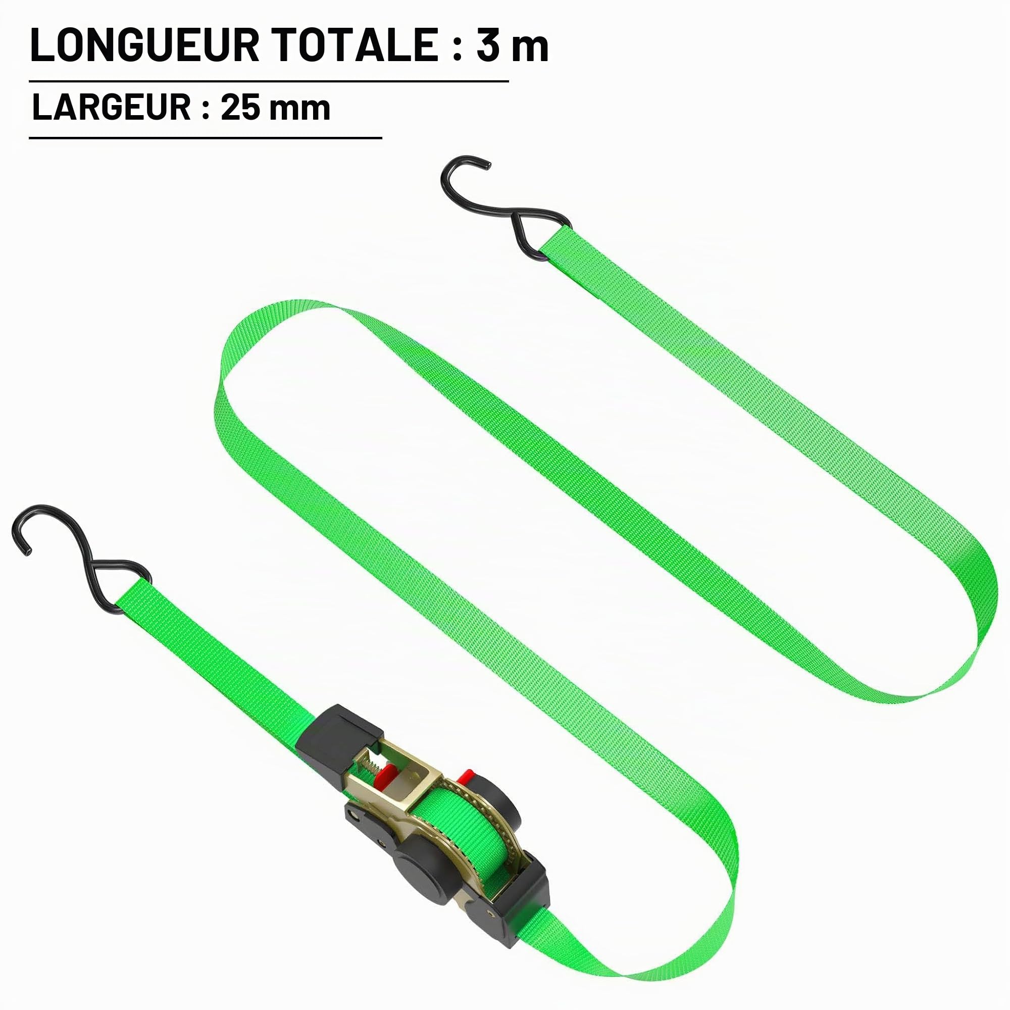 Jeu 4 Sangles d’arrimage 320 daN PES 3x25mm Traction Crochet en Forme S avec tendeur à cliquet