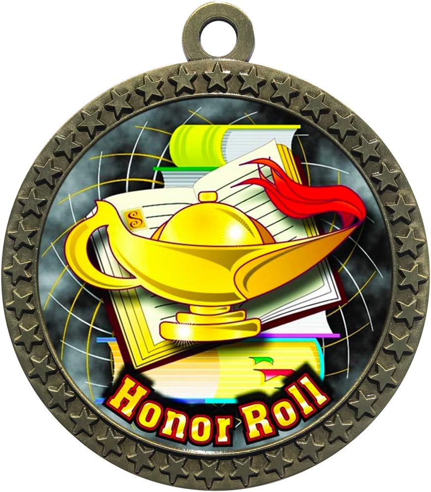 10 Pack of Honor Roll Gold 2.25 Inch Medals Trophy Awards with Red White Blue Neck Ribbons D212G-FCL420-10PK