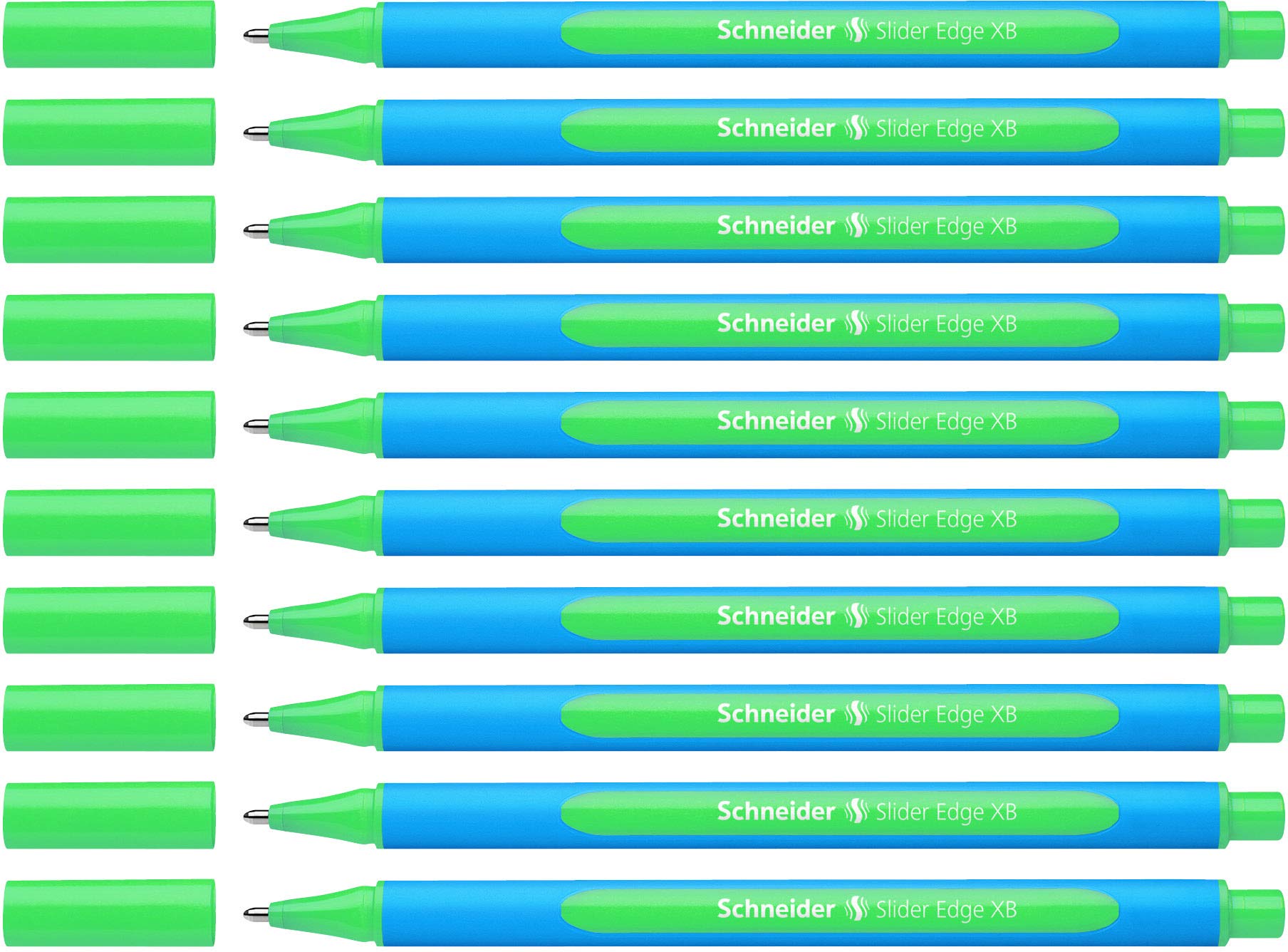 Schneider Slider Edge 152204 Ballpoint Pen with Cap Model XB Pack of 10 / Cyan and Green Barrel / Green Ink