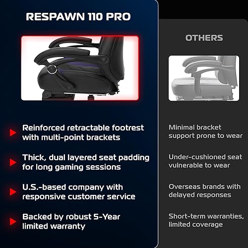 Miniatura 8 de Respawn 110 Pro Silla ergonómica para juegos con reposapiés para adultos, cómoda silla reclinable de oficina con soporte lumbar y reposacabezas,
