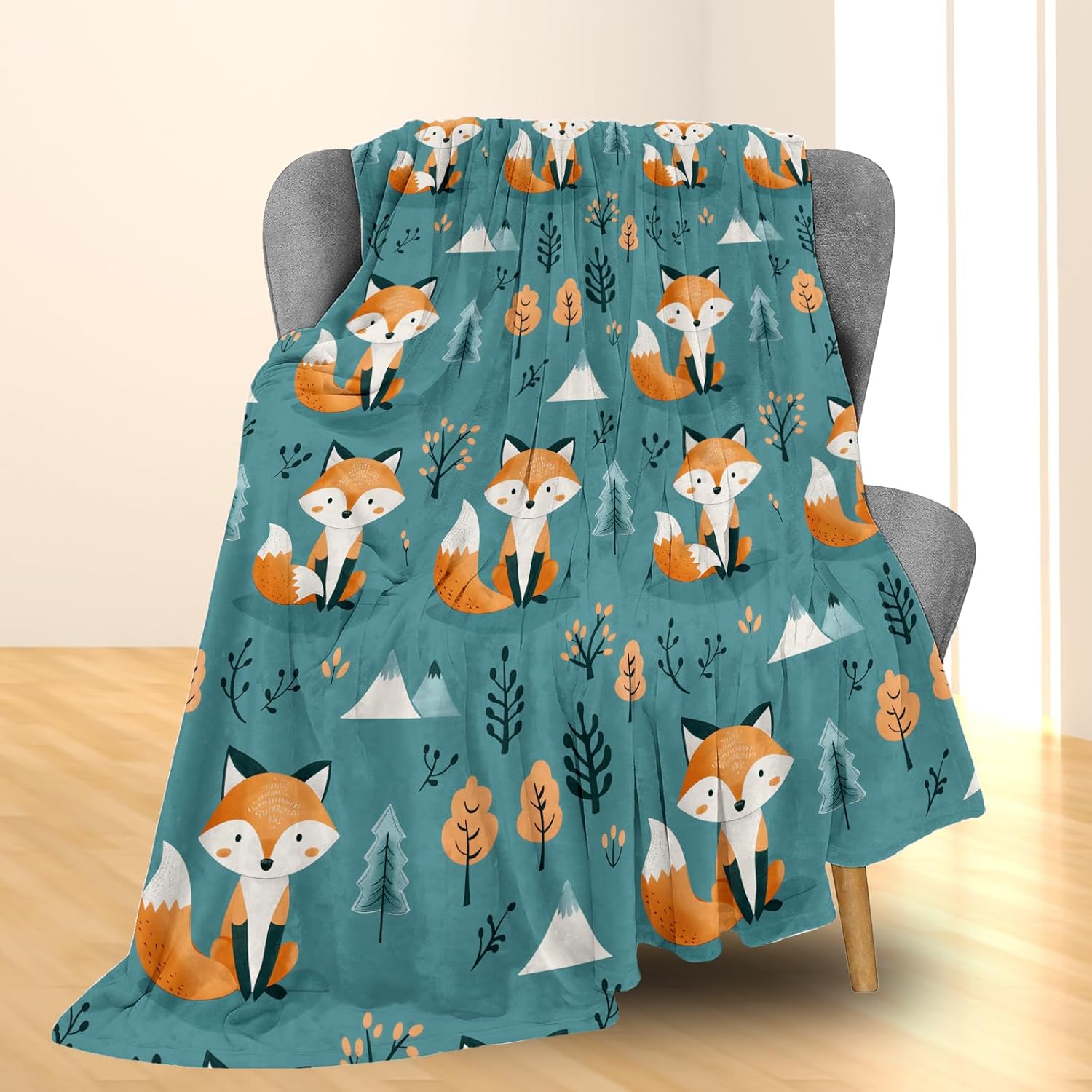 Cute Fox Blanket, Soft Warm Lightweight Cartoon Animal Flannel Throw Blanket for Couch, Bed, Travel & Outdoor, Cozy Fuzzy Blankets for Adults Kids, Home Decor 60×50 in