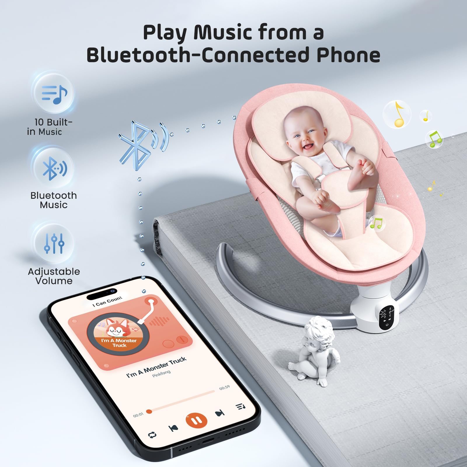 Helangel Altalena per neonati, dondolo elettrico per bambini con app e telecomando, imbracatura a 5 punti aggiornata, 10 musiche Bluetooth e 5 velocità, resiste a 9 kg