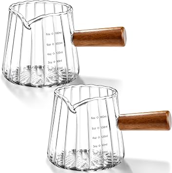 2 Pack Espresso Measuring Cup, 6oz Borosilicate Glass Espresso Cups with Wood Handle, V-Shaped Spout Milk Frothing Cup for Coffee, Tea, Syrup Dishwasher Safe
