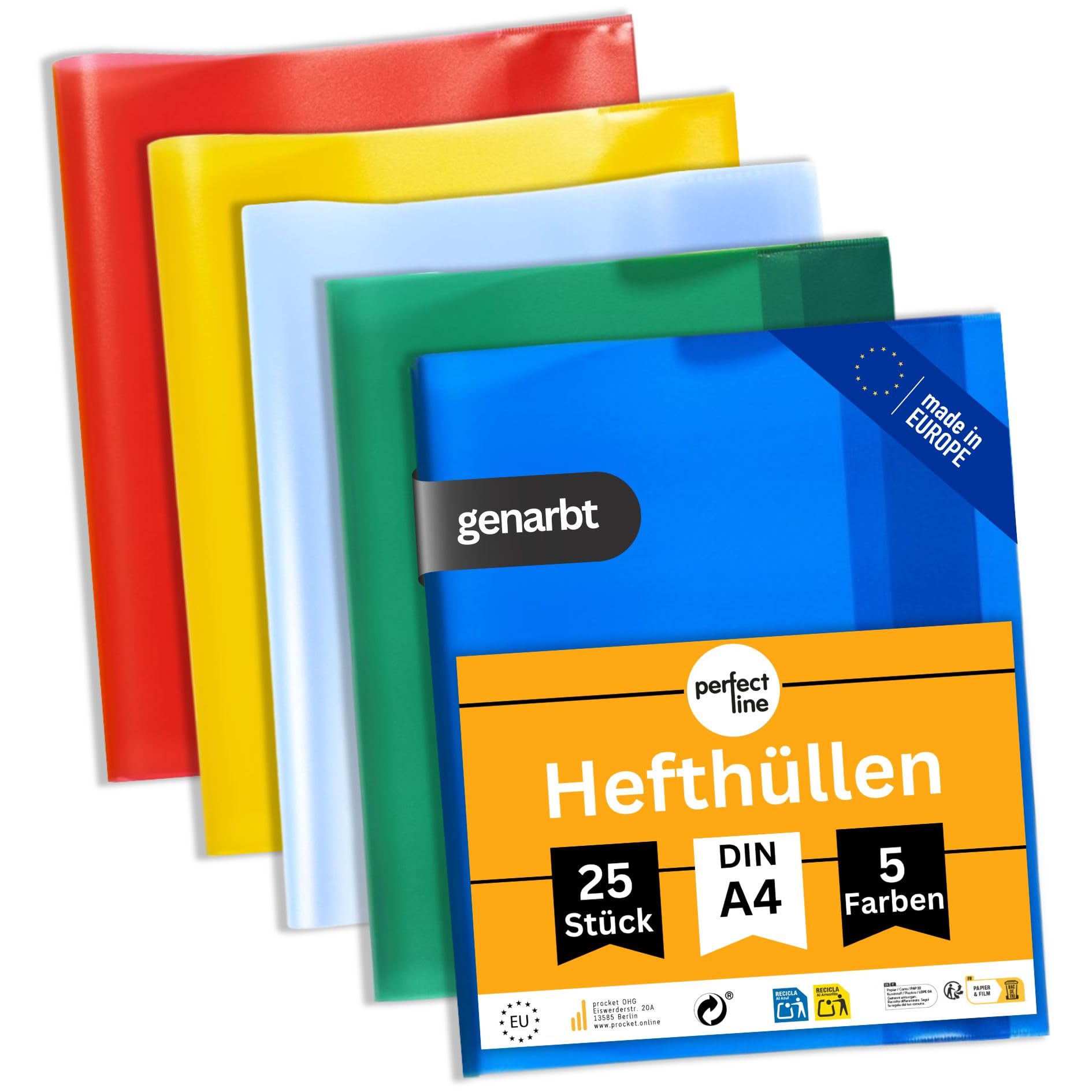 perfect line 25 Hefthüllen DIN-A4, 5 Farben, Heftumschlag transparent genarbt, Heftschoner aus recyclebarem PP, dokumentenecht