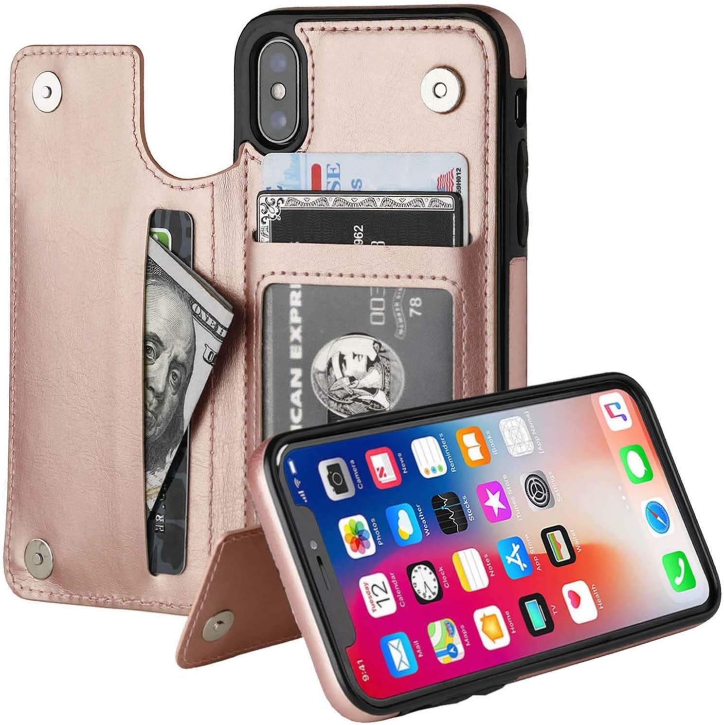 iPhone X Case iPhone XS Case Leather Wallet Case Protective Mobile Phone Case [Stand Function] Mobile Phone Case Leather Flip Case Cover for iPhone XS/X Rose Gold